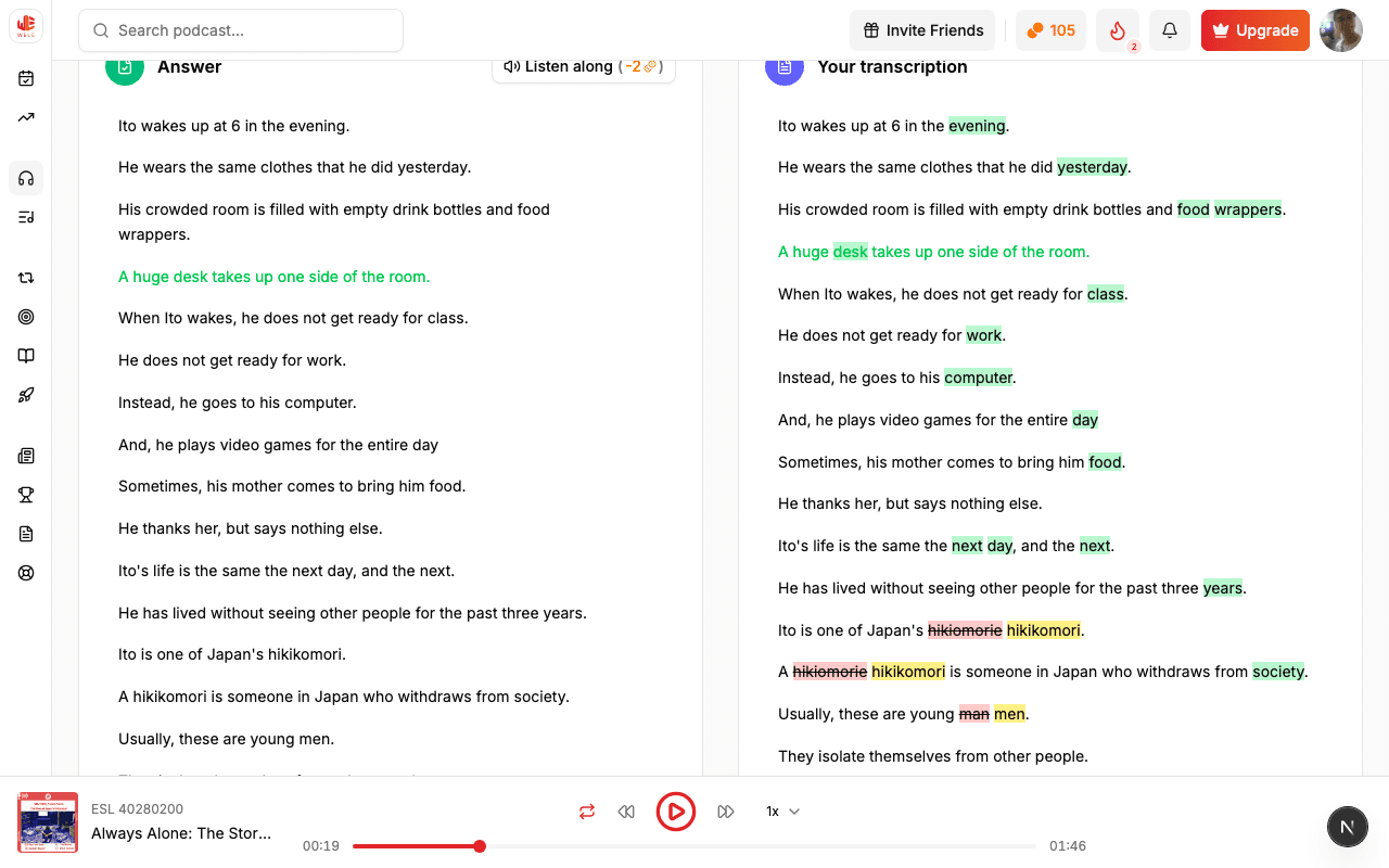 WELE transcript comparison interface