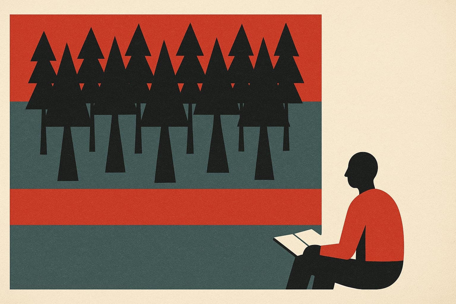 Bauhaus-style editorial concept art: a listener with a notebook before a forest reduced to geometric bands